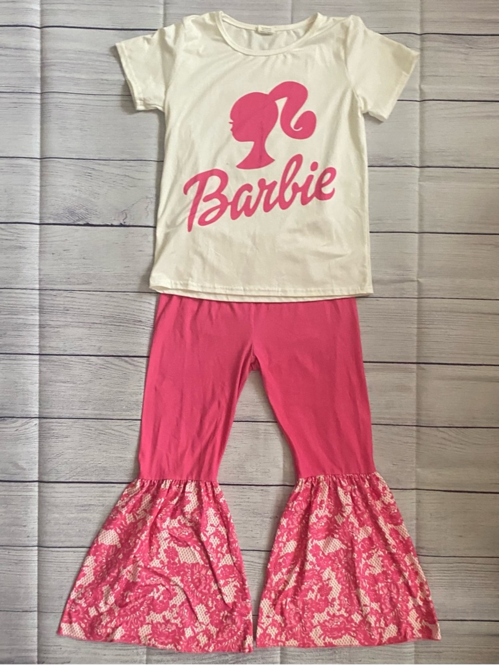 Barbie White Tee with Hot Pink Logo & Pink Ruffle Bell-Bottom  Set